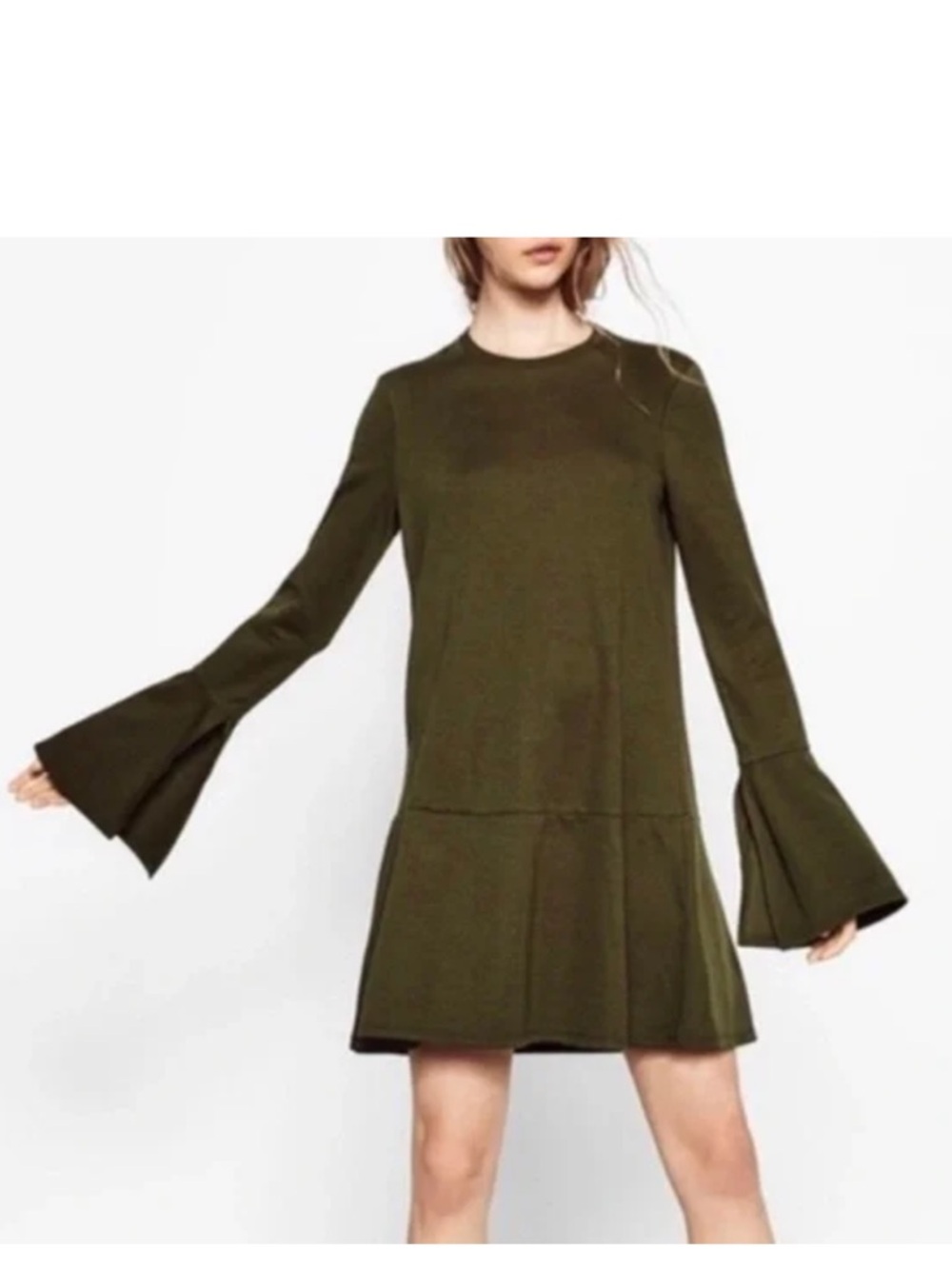 Zara Dark Green Long-Sleeve Ruffle-Hem Dress